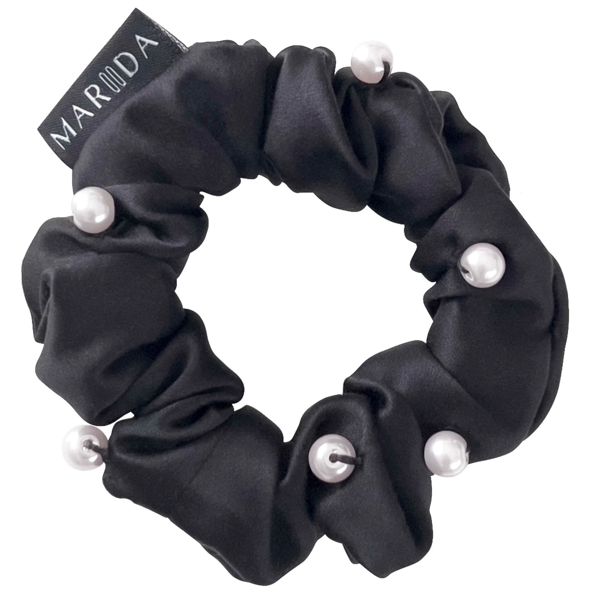 Scrunchie midi in tessuto riciclato nero con perle