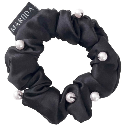 Scrunchie midi in tessuto riciclato nero con perle