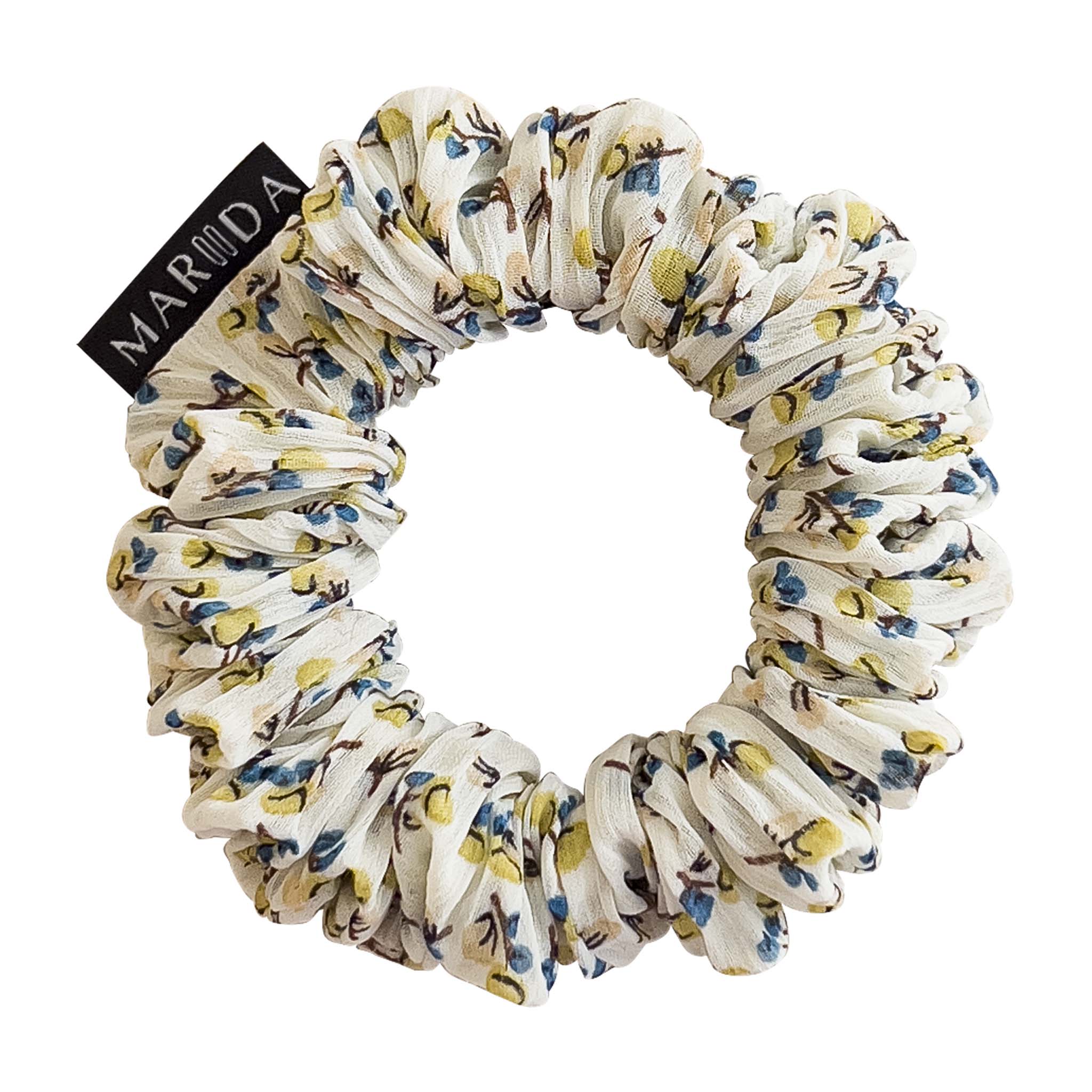 Scrunchie midi in tessuto riciclato effetto plisse a fiori gialli e blu