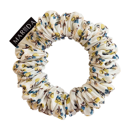 Scrunchie midi in tessuto riciclato effetto plisse a fiori gialli e blu