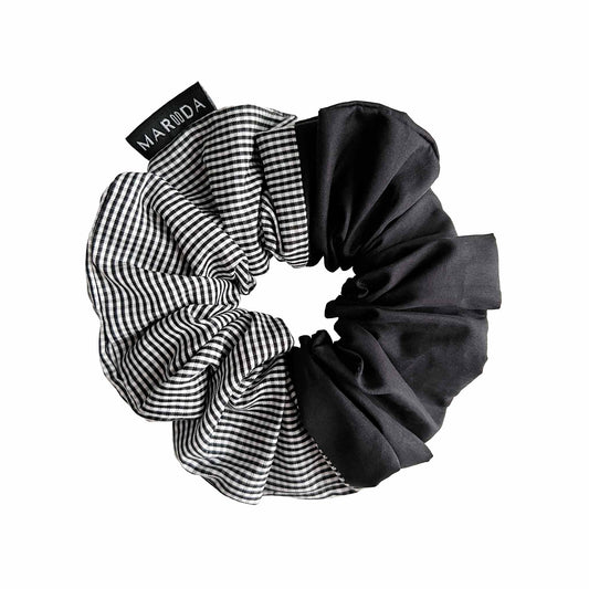 scrunchie large in tessuto riciclato nero e pied de poule